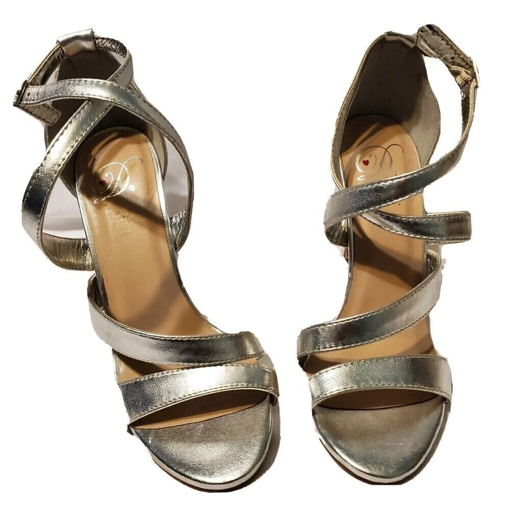 D in the Heart Womens Silver Strappy Heels Size 5.5 Open Toe Party Pumps 4"